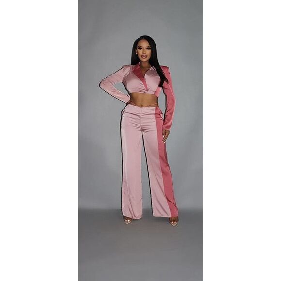 Colorblock Crop Blazer With Matching Low Rise Wide Leg Pant Set With Pockets - Picture 2 of 4